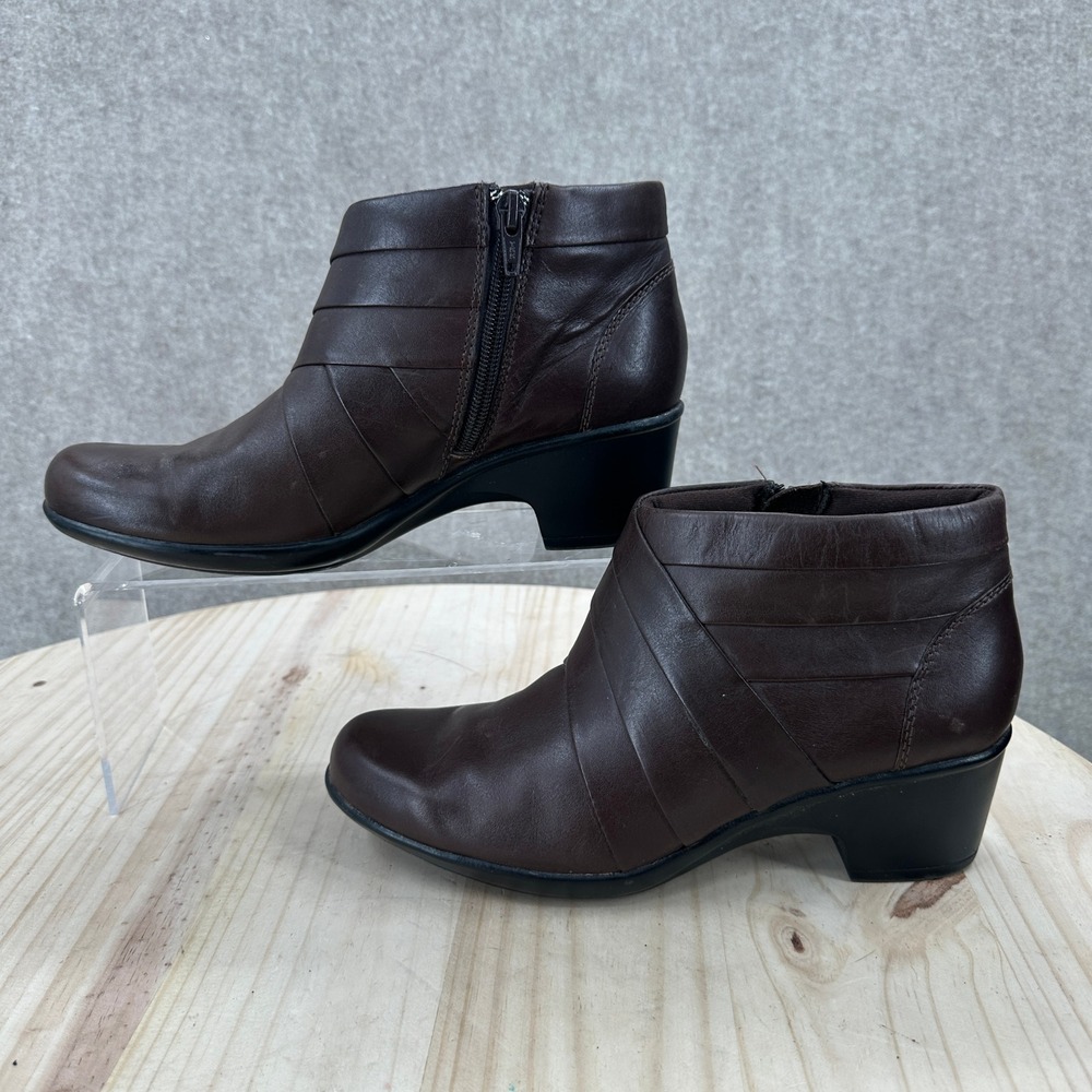 Clarks Ankle Boots Womens 7.5M Brown Leather Layered Stitch Block Heel
